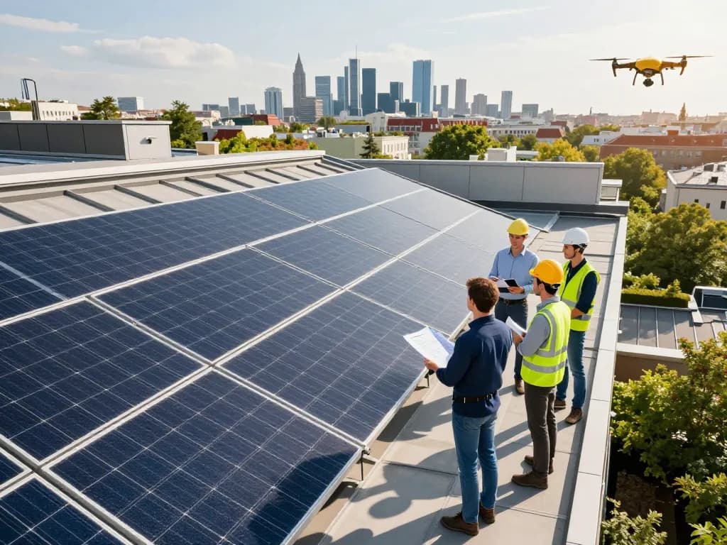 Ingenieure überprüfen Solarpanels in Wien und demonstrieren die Vorteile von Solar Wien.