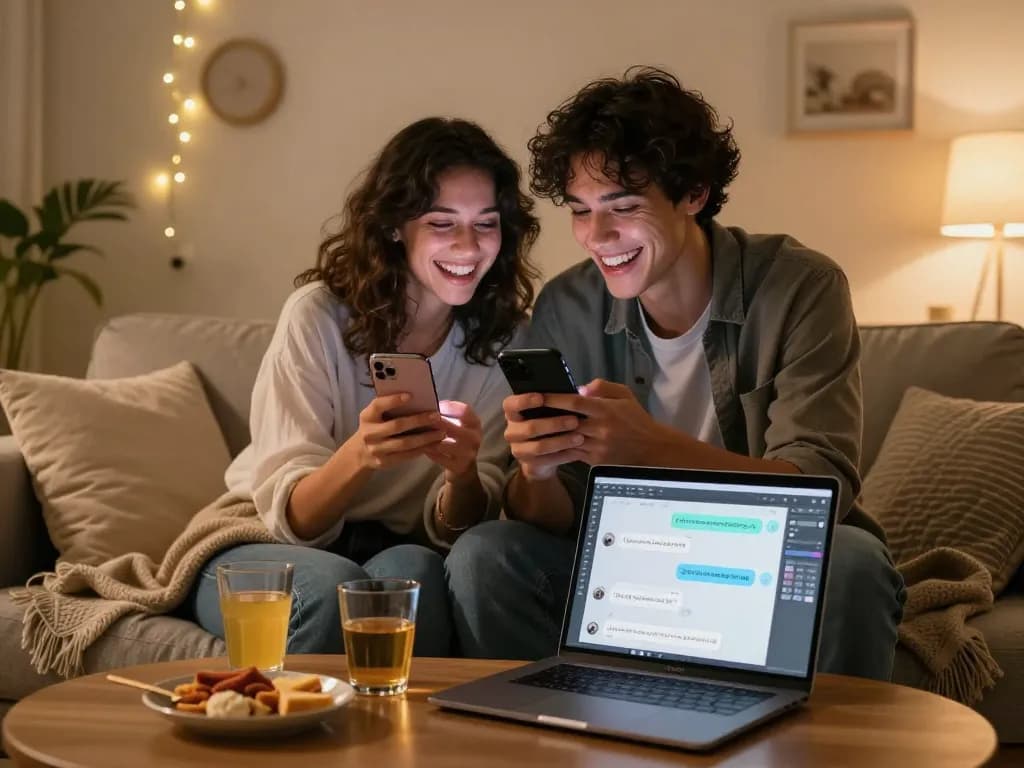 Couple engaging in playful sexting AI conversations in a cozy living room