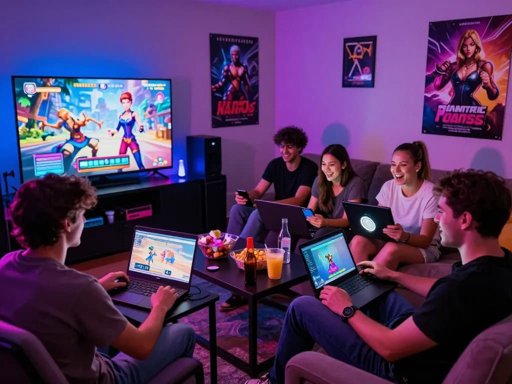 Interactive scene of friends playing game sex online in a vibrant gaming room.
