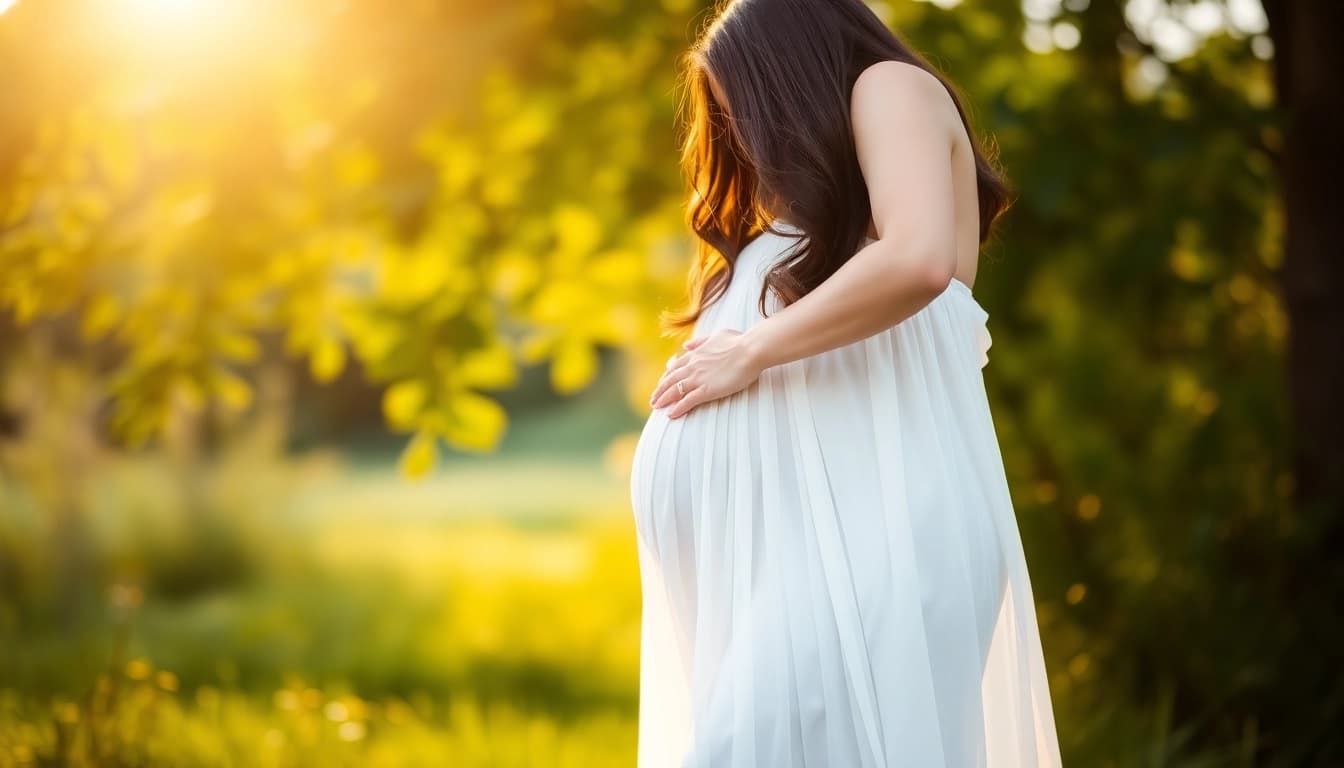 Schwangerschaftsfotos zeigen eine glückliche, werdende Mutter bei Babybauch Fotografie im Freien.