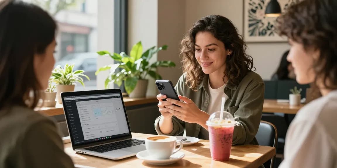 Kate, die TikTok-Follower kauft, interagiert in einem Café mit ihrer Community und zeigt Inhalte.