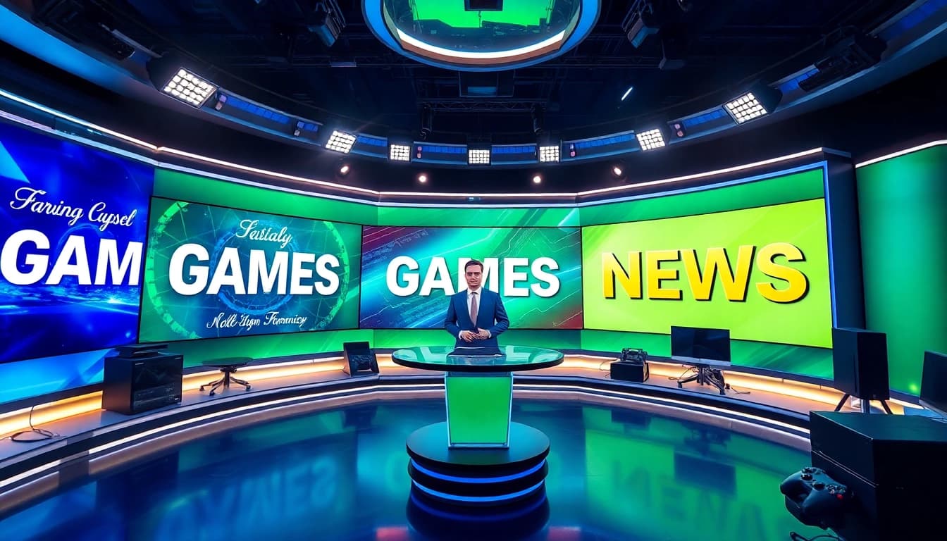 Aktuelle Spiele Neuigkeiten in einem modernen Nachrichtenstudio mit dynamischen Elementen.