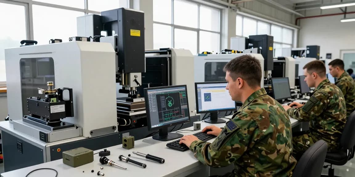 Präzisionstechnik Militär in modernem Fertigungsumfeld mit Experten.