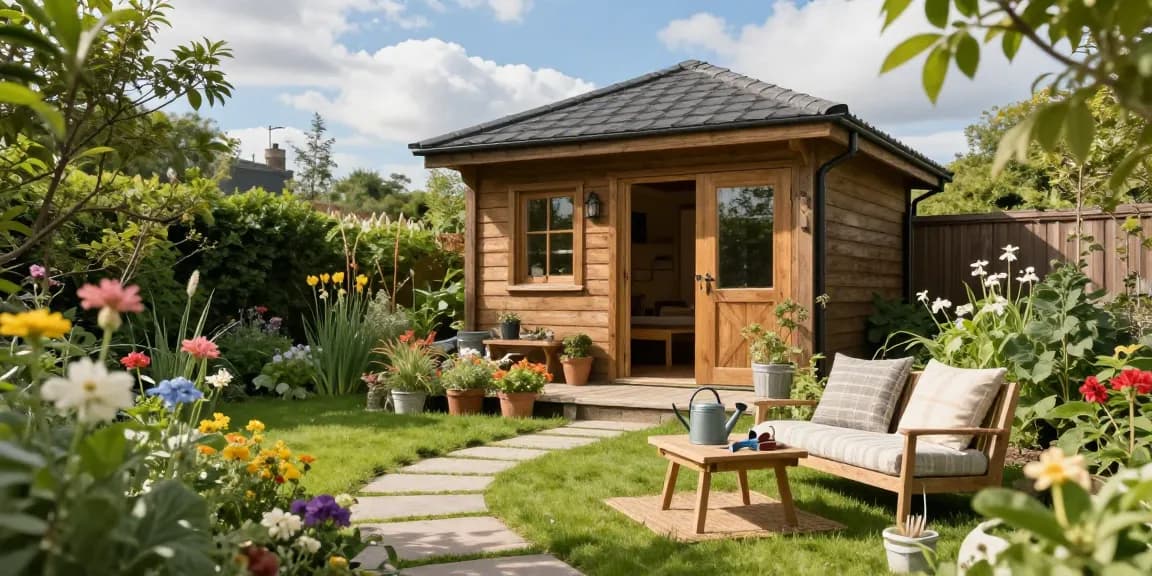 Gartenhäuser aus Holz in einer grünen Gartenlandschaft mit gemütlicher Sitzgelegenheit und Blumen.