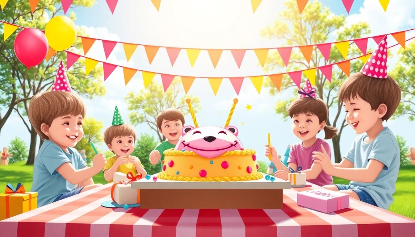 Kindergeburtstag 4 Jahre: Freude und Spiele unter bunten Ballons und einem festlichen Kuchen.