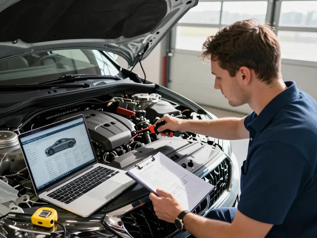 Kfz Sachverständiger Bonn inspiziert ein Fahrzeug mit professionellen Werkzeugen und digitalem Bericht in einer gut beleuchteten Garage.