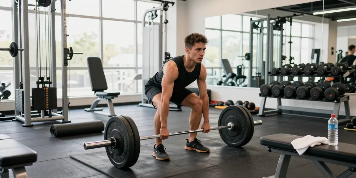 Astera Shop: Fitness-Enthusiast beim Deadlift in einem gut ausgestatteten Fitnessstudio mit natürlichem Licht.