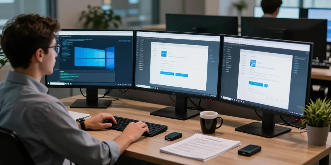 Installation und Aktivierung von Server 2025 am IT-Arbeitsplatz mit mehreren Bildschirmen und technischen Details.