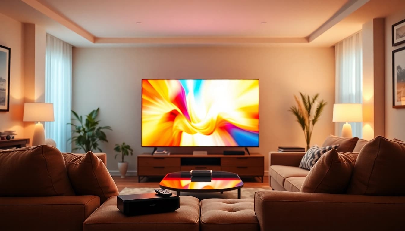 Iptv Anbieter in modern living room with vibrant TV display and inviting atmosphere.