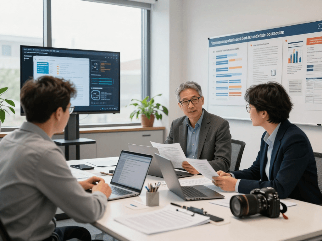 Consultants discussing data protection strategies for Vermessungsbüros und ÖbVI in a modern office setting.