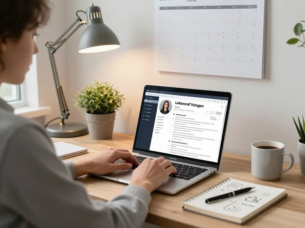Erstellen von Lebenslauf Vorlagen in einem stilvollen Home Office, das einen professionellen Arbeitsplatz für den Lebenslaufaufbau zeigt