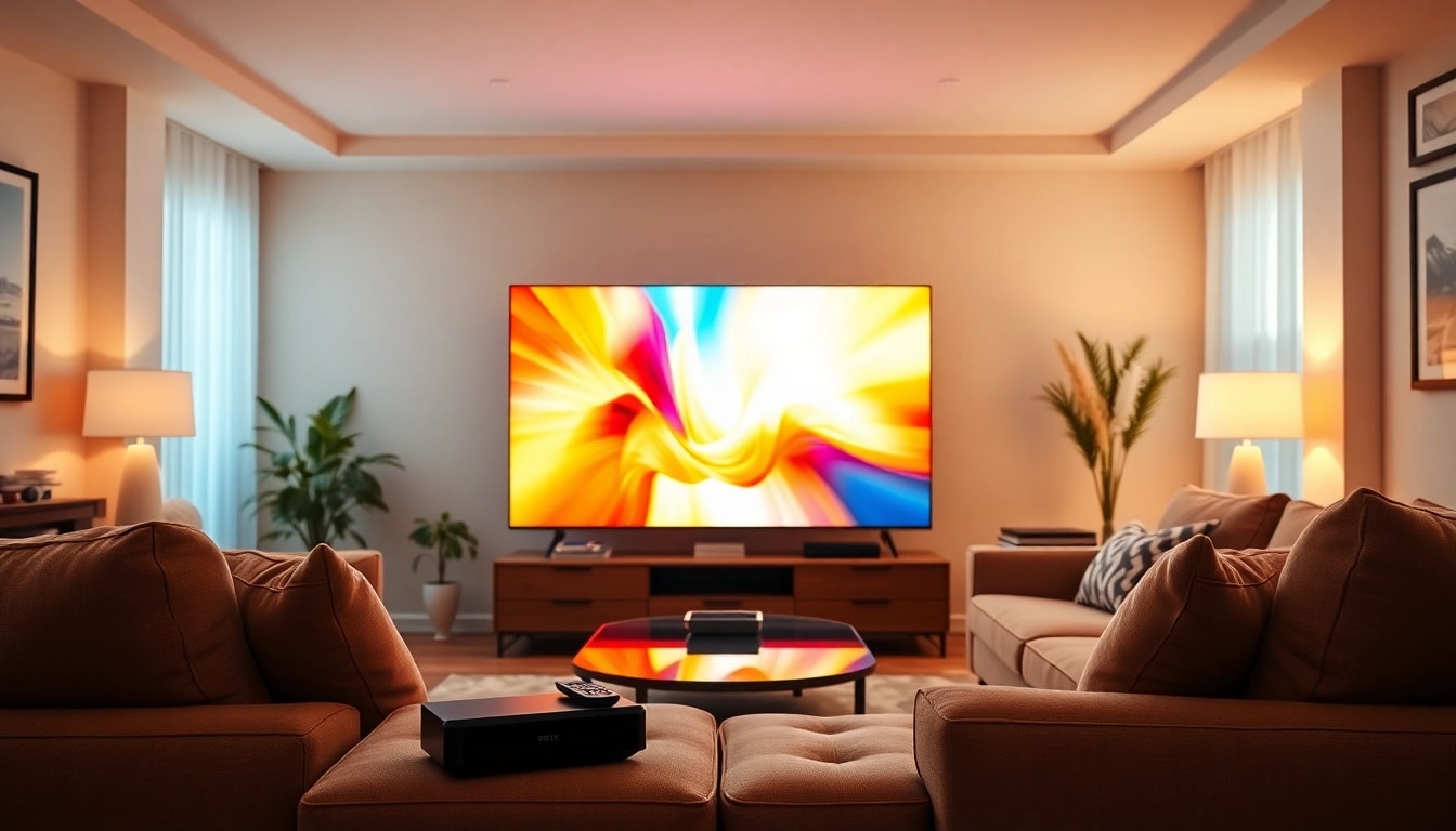Iptv Anbieter in modern living room with vibrant TV display and inviting atmosphere.