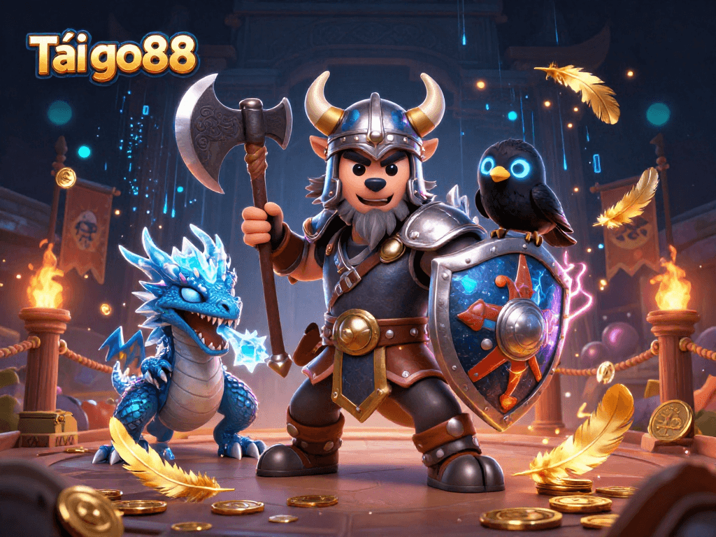 Tải go88 and engage the thrilling action in this vibrant animated casino scene featuring a Viking wolf warrior and a fierce dragon.