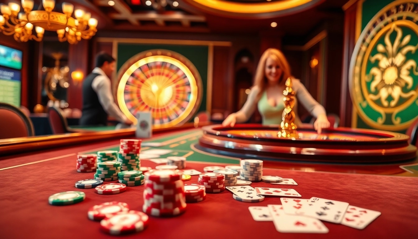 C168 players enjoying high-stakes gambling thrill at a luxurious casino table with vibrant chips and cards.