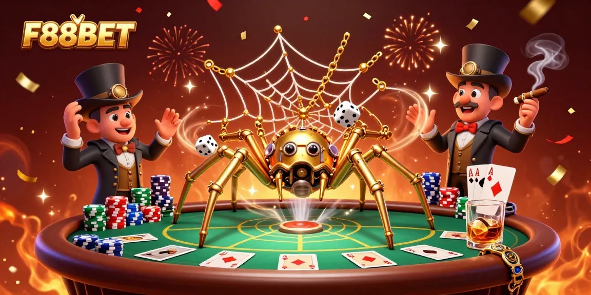 Engage thrillingly with F88BET's dynamic casino scene featuring a steampunk spider and poker excitement.