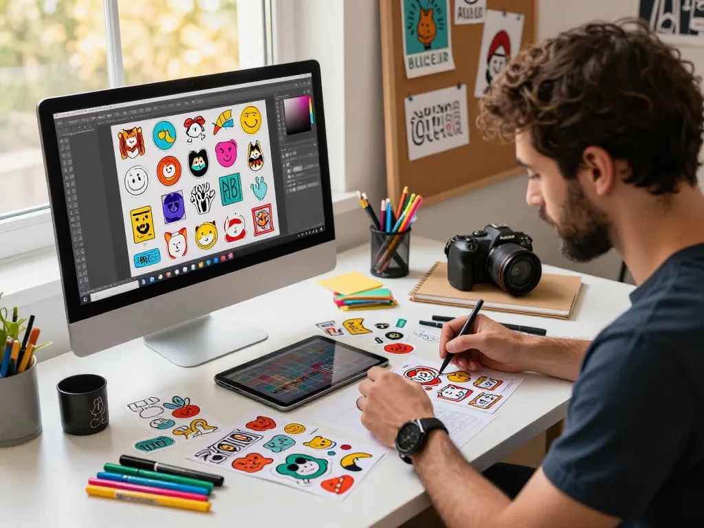 Creative designer crafting custom stickers for sticker erstellen in a vibrant workspace.