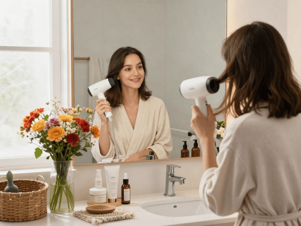 Junge Frau stylisiert ihr Haar mit dem Laifen Mini Haartrockner in einem modernen Badezimmer, umgeben von Beauty-Produkten.
