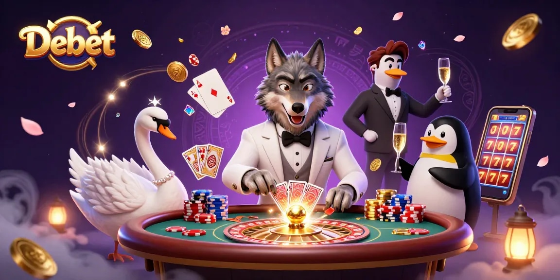 Experience thrilling Baccarat at Debet casino with a stylish wolf, elegant swan, and sophisticated penguin.