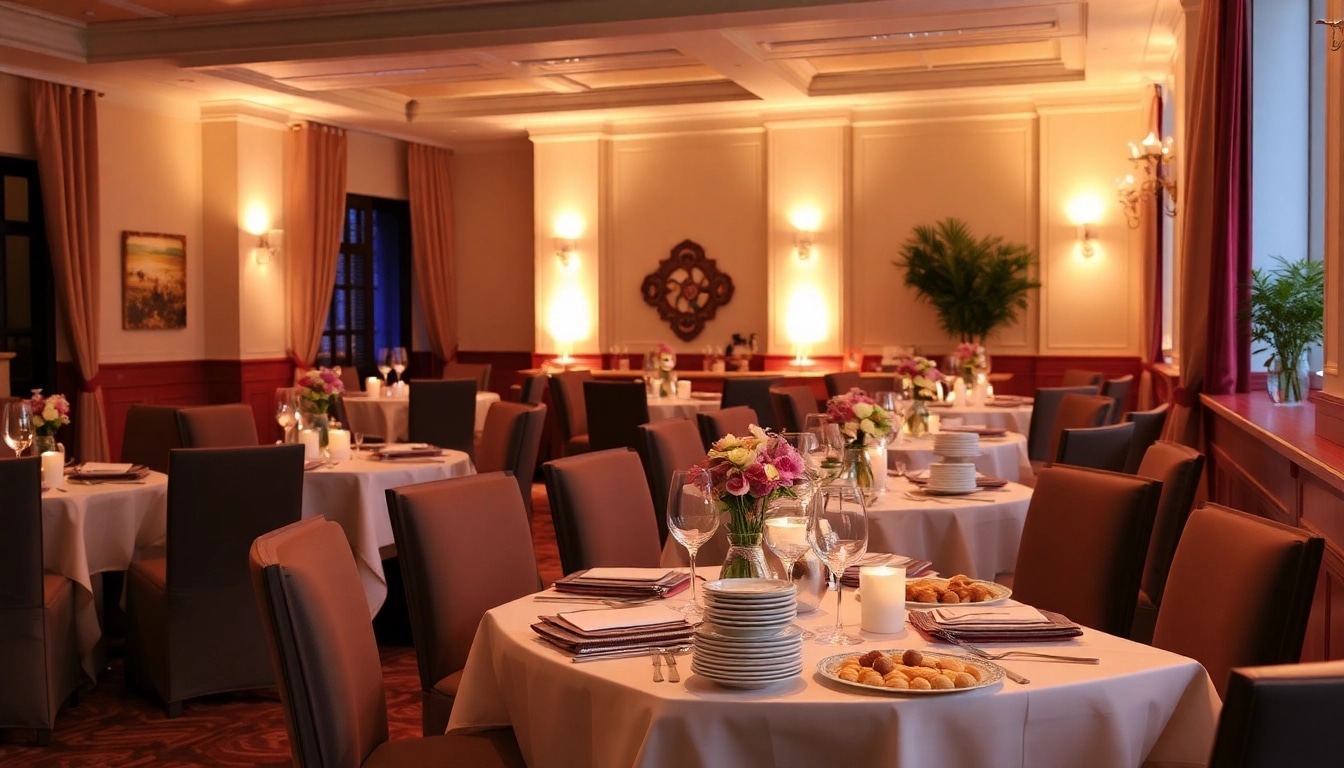 Catering-Event mit elegantem Tischarrangement und köstlichen Speisen in gemütlicher Atmosphäre.