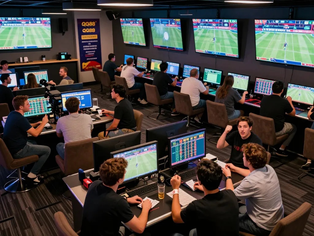 Fans engaging in sports betting at QQ88 lounge, cheering for live events while placing bets