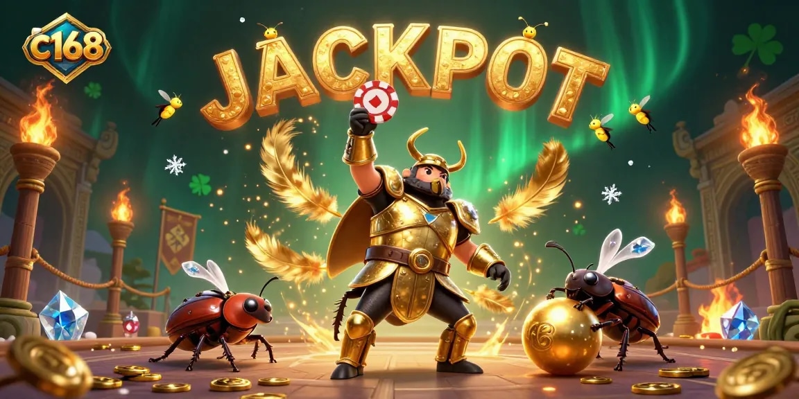 C168 players cheer a jackpot win with 3D beetles in a vibrant casino scene featuring golden chips and coins.