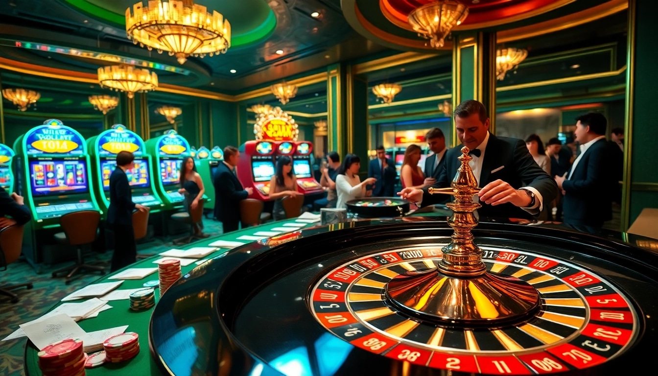 Players celebrating a big win as Kết quả xổ số results flash on the casino monitors.