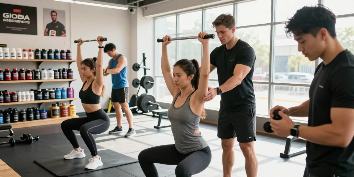 Aktive Fitnessszene mit Global Pharma Steroids Produkten im Hintergrund, motivierte Sportler im modernen Fitnessstudio.