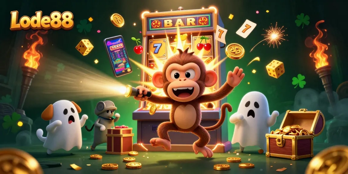 Experience thrilling action with Lode88's captivating casino illustration featuring a poltergeist monkey and a puppy.