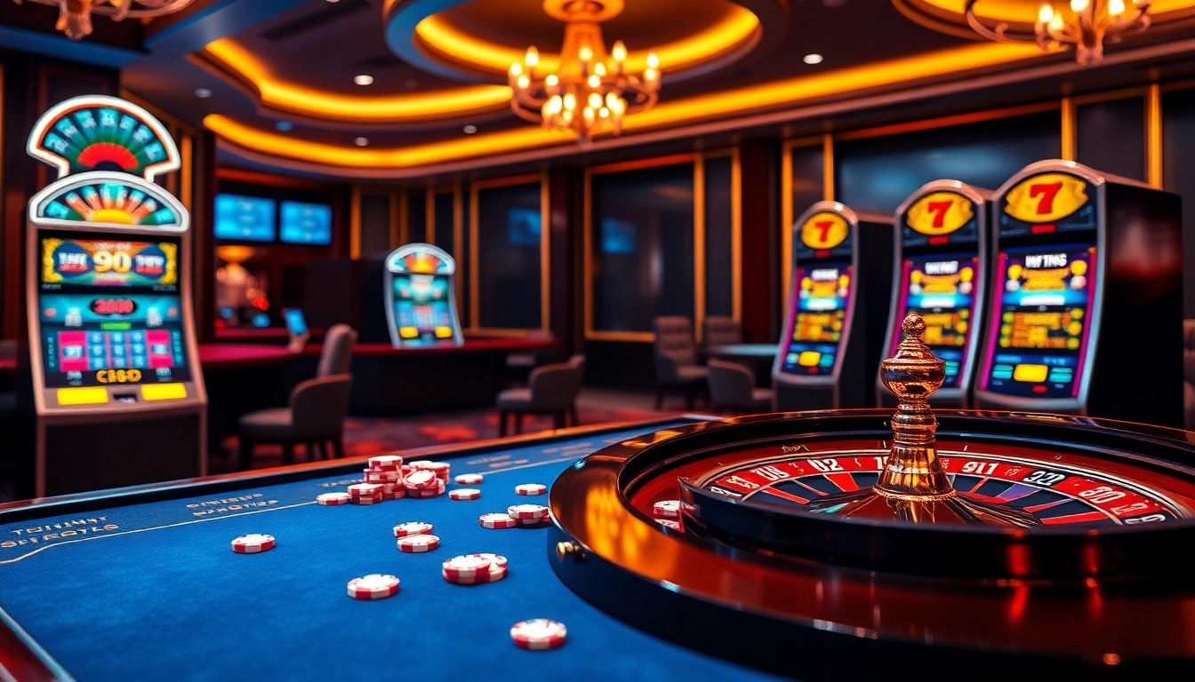 NK88 online casino scene showcasing vibrant gambling elements with poker chips and roulette.