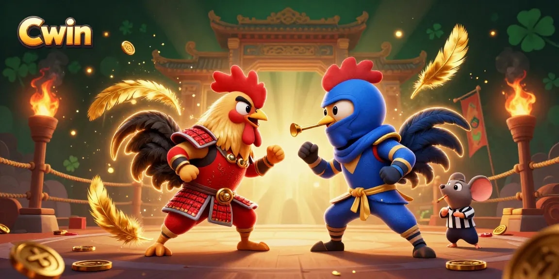Cwin showcases an intense rooster duel in a thrilling gaming arena with vibrant details.