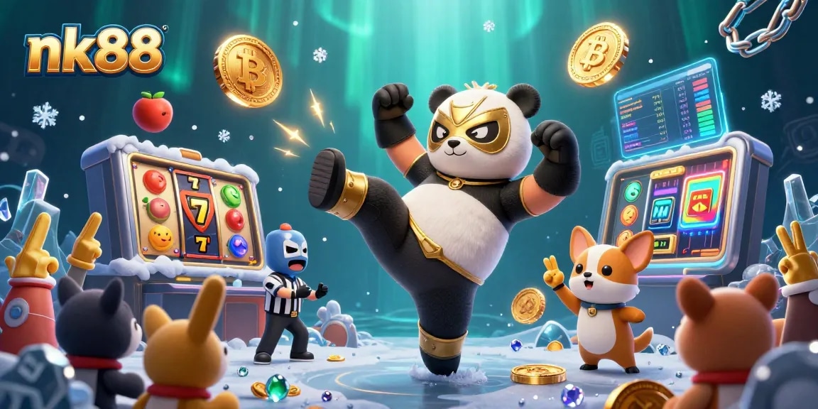 Experience thrilling gambling action with nk88 featuring animated characters, slots, and crypto elements.
