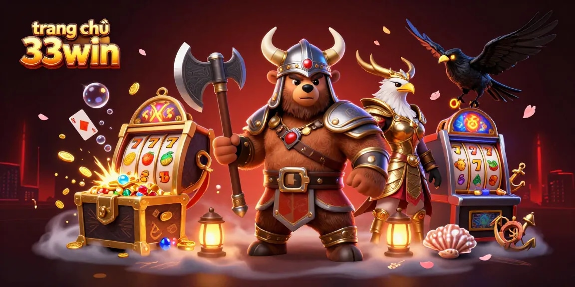 Engage with the captivating world of trang chủ 33win, featuring a Viking bear surrounded by slot machines and treasures.
