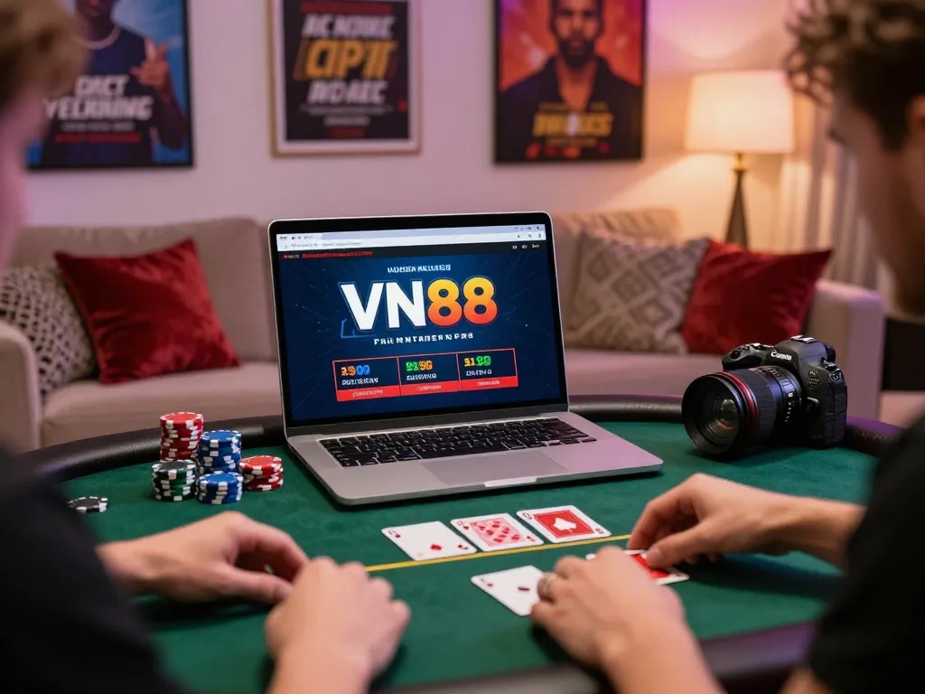 Player enjoying VN88 live casino on laptop, surrounded by poker chips and a smartphone.