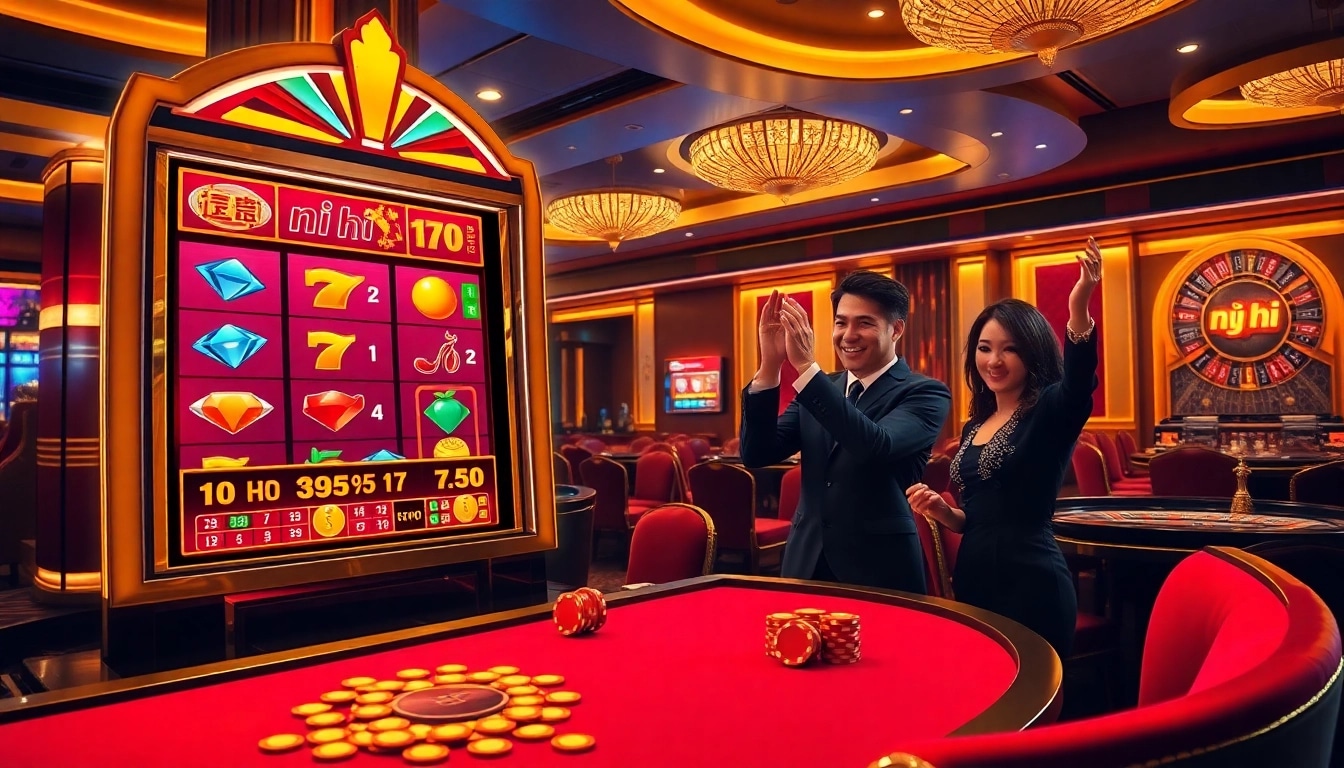 Experience the excitement of nổ hũ with colorful slot machines and enthusiastic gamblers in a luxurious casino setting.