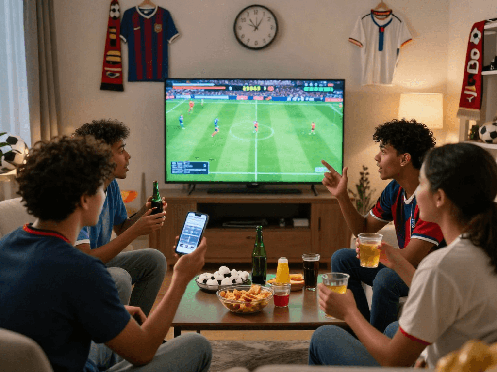 Wetten Fußball: Freunde diskutieren angeregt über Wettquoten in einem gemütlichen Wohnzimmer.