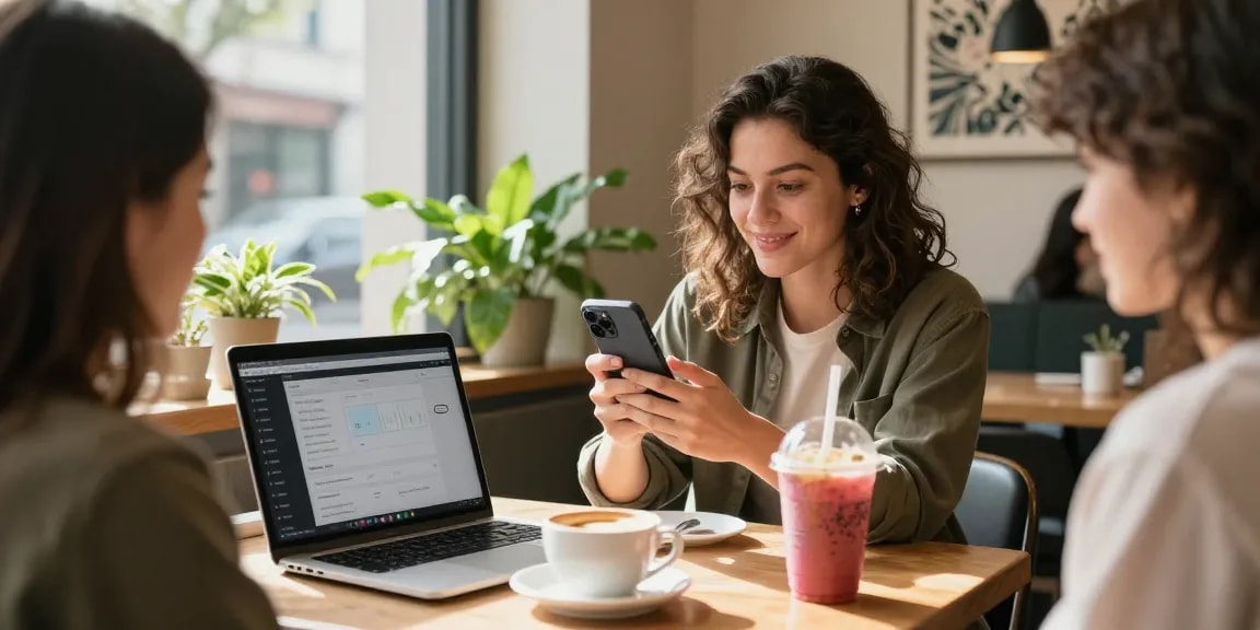 Kate, die TikTok-Follower kauft, interagiert in einem Café mit ihrer Community und zeigt Inhalte.