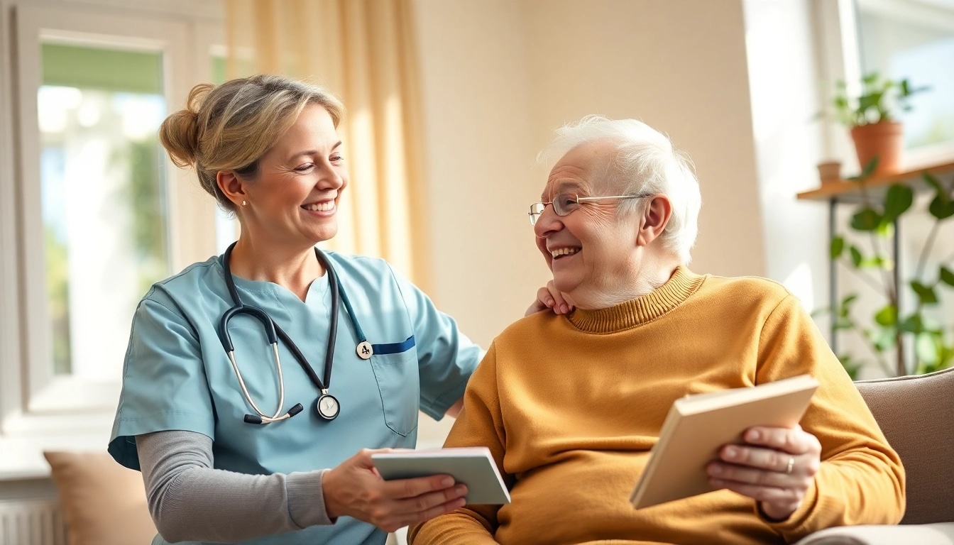 Pflegedienstmitarbeiter hilft einem älteren Patienten in einem einladenden Wohnraum, symbolisiert Unterstützung und Fürsorge.