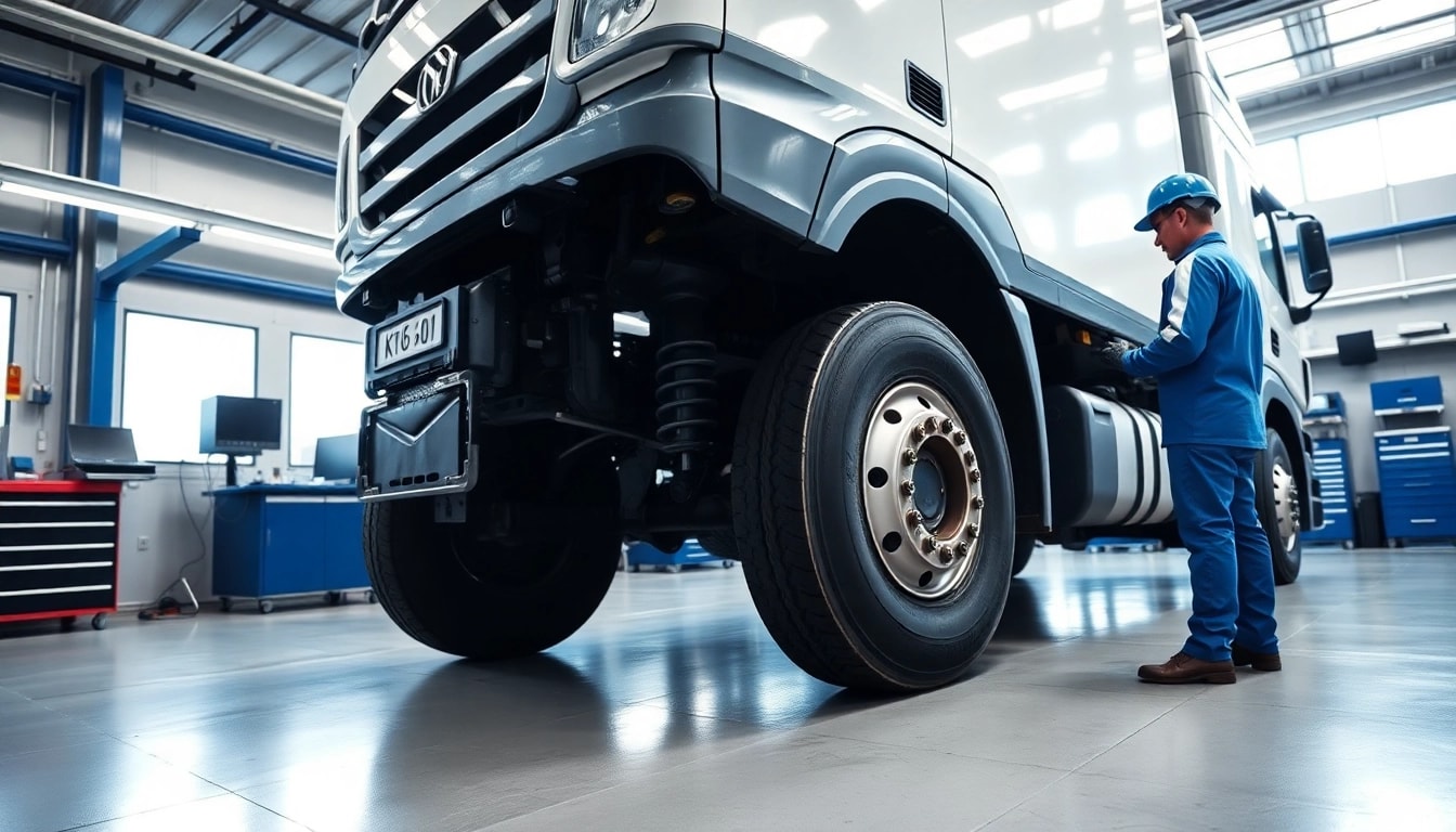 Lkw Gutachten Augsburg mit einem Techniker, der eine Inspektion an einem Truck im modernen Werkstattumfeld durchführt.