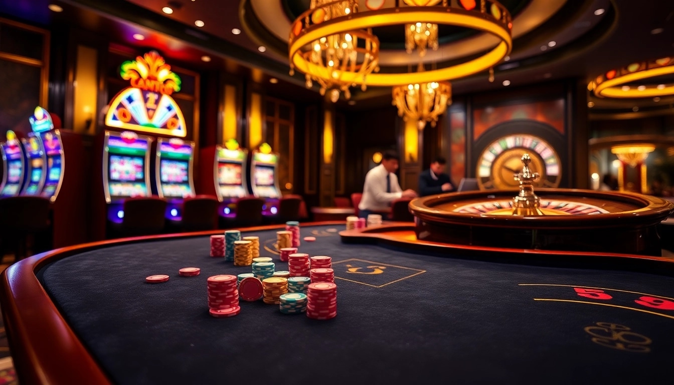 Scenă casino online Germania cu mese vibrante și jucători implicați care se bucură de jocuri