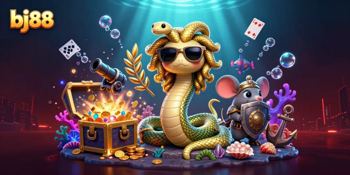 Play slots and win big with bj88, featuring Medusa and treasure in a vibrant casino scene.