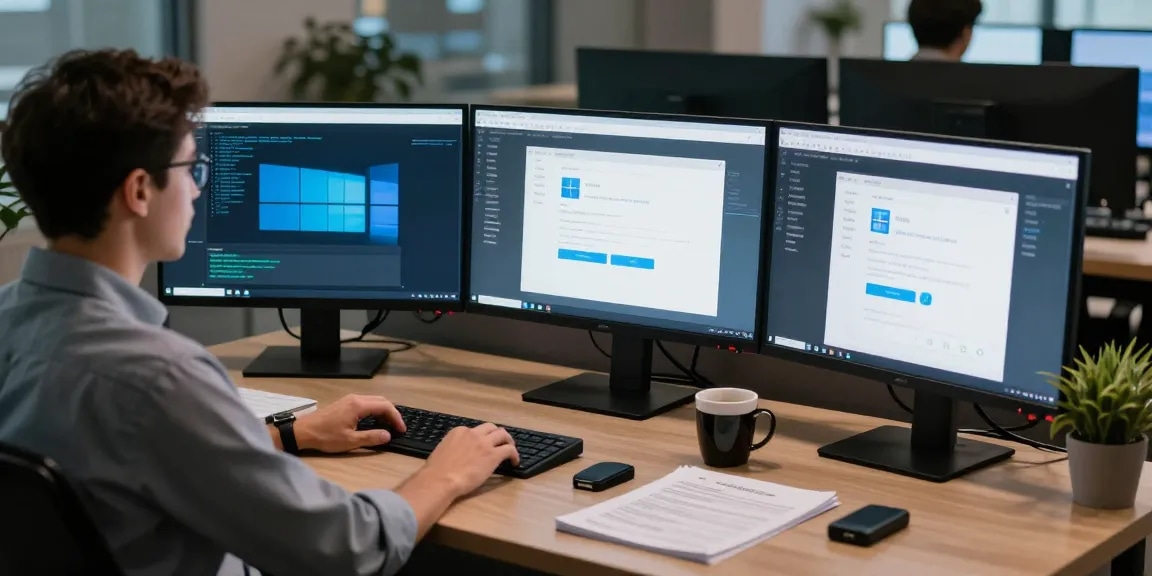 Installation und Aktivierung von Server 2025 am IT-Arbeitsplatz mit mehreren Bildschirmen und technischen Details.