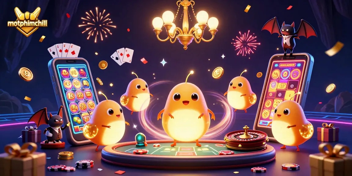 Engage with motphimchill's vibrant casino scene featuring glowing creatures and exciting gaming elements.