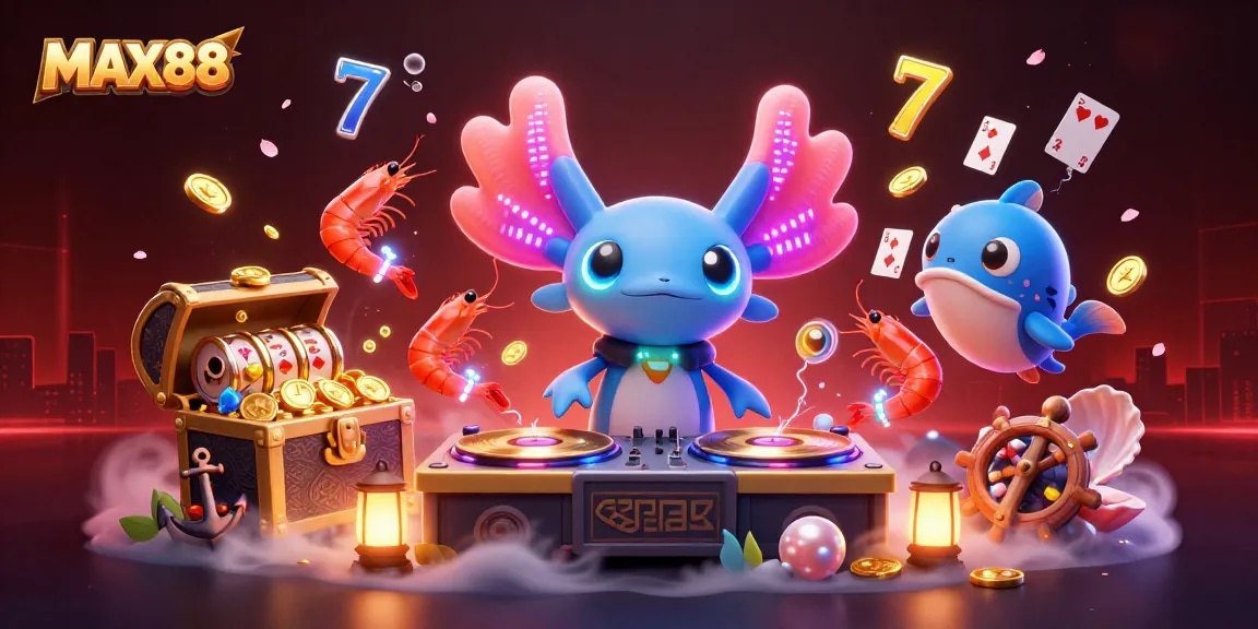 Experience the thrill of MAX88 with vibrant characters in a casino-themed underwater scene.