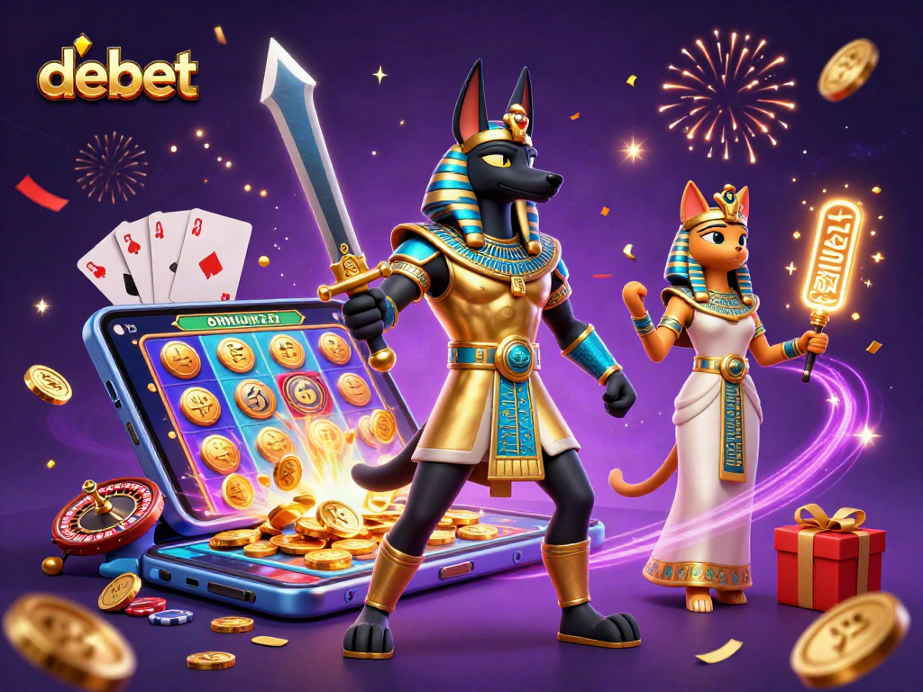 Experience debet gaming with Anubis and Bastet amid engaging casino elements.