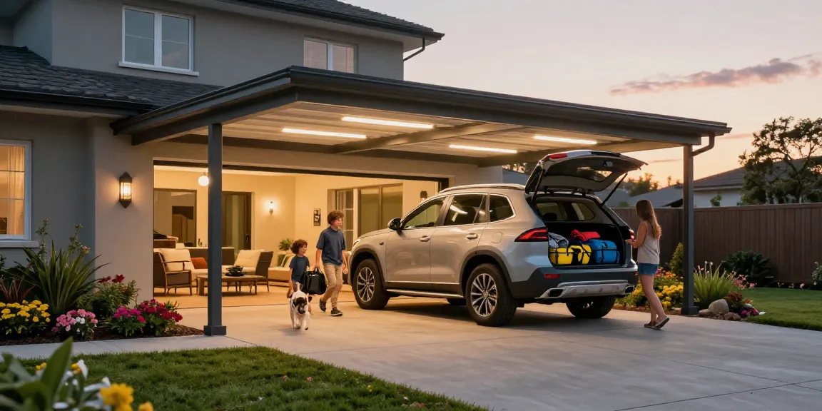 Moderne Carport-Struktur im Garten mit glücklicher Familie und SUV.