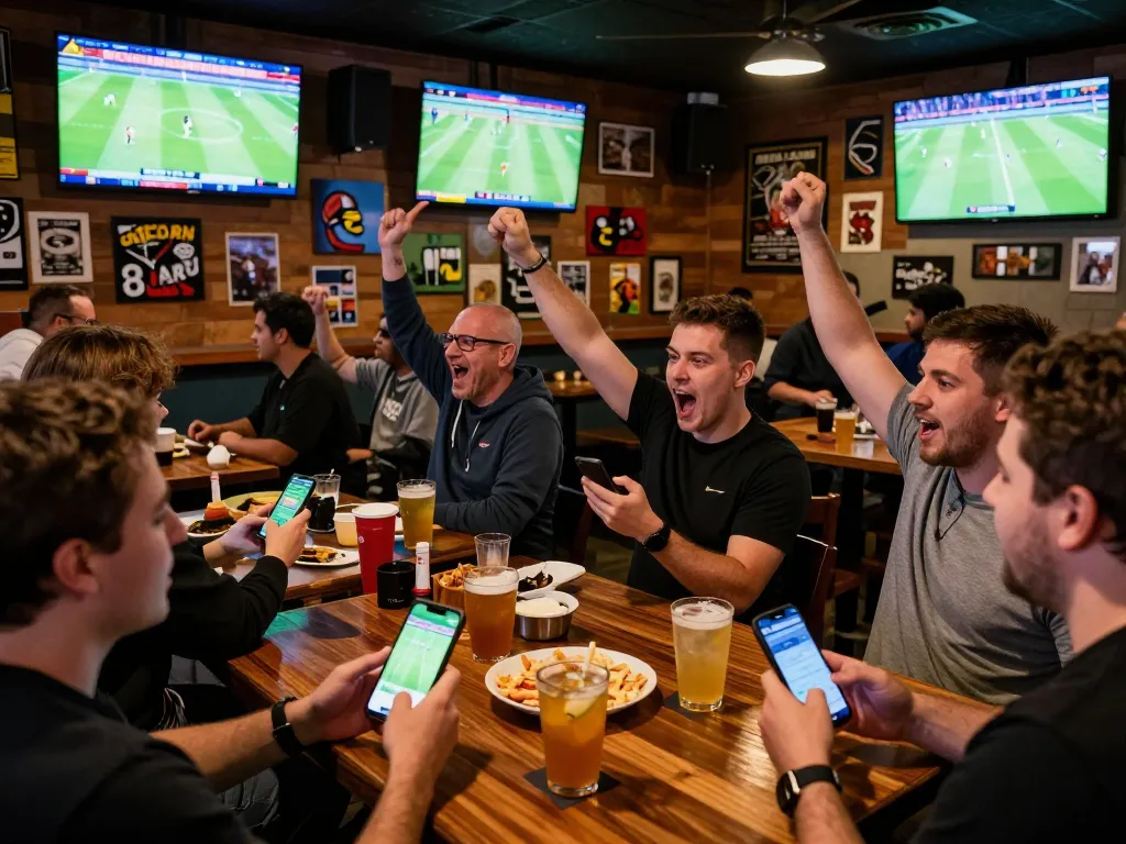 Fans placing bets using the 7m-7m sports betting app while watching live football matches