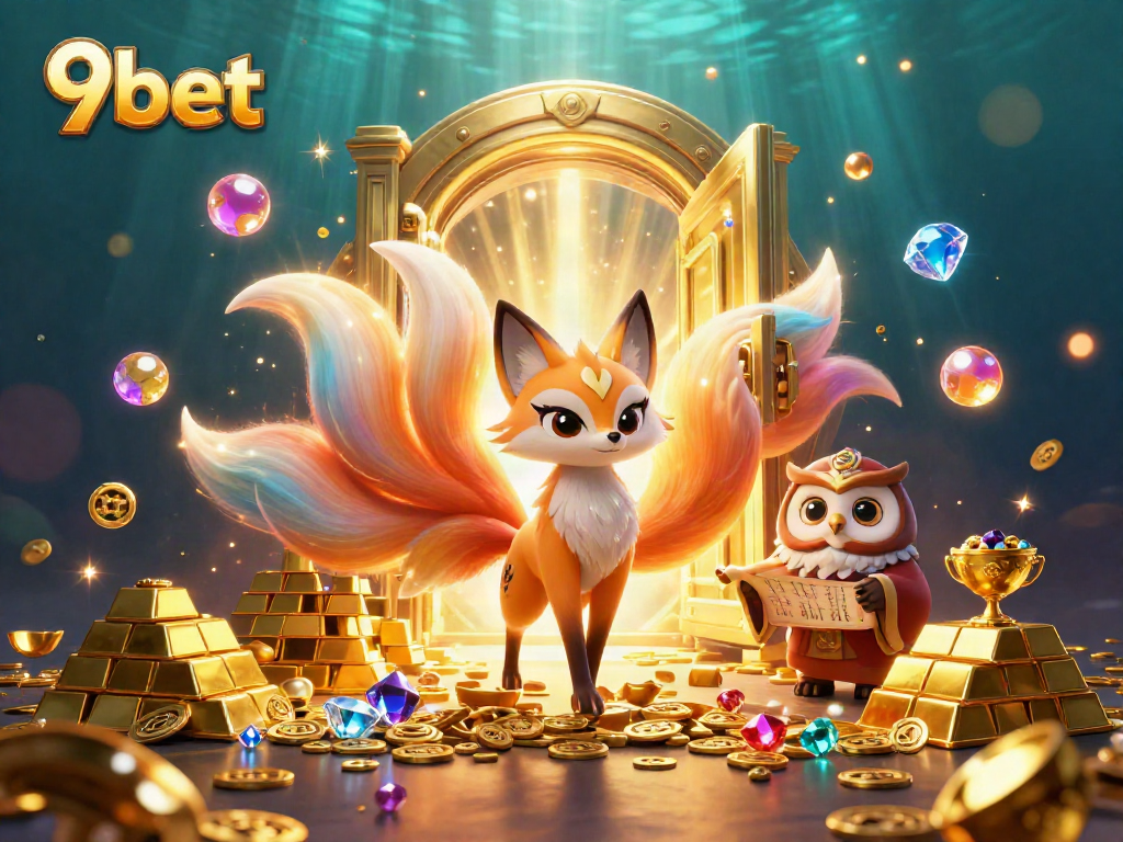 Experience thrilling gameplay at 9bet with a captivating scene featuring a nine-tailed fox and treasures.