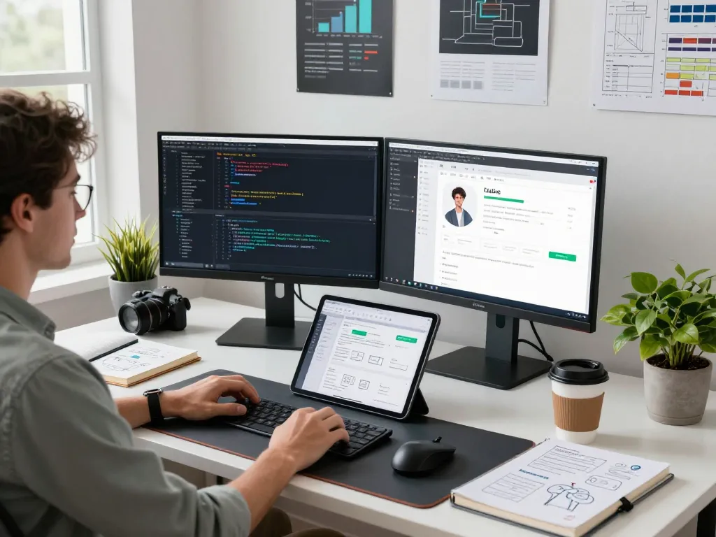 Developer using clawdbot ai on multiple monitors in a modern workspace filled with productivity tools and tech.