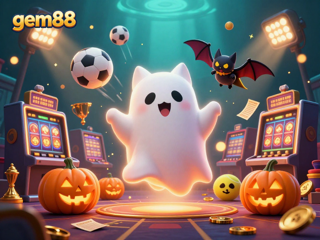 Experience thrilling gameplay at gem88 with a floating ghost cat and sports elements in a haunted casino scene.