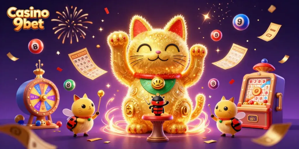 Engage with Casino 9bet's vibrant, immersive gaming world with animated casino symbols and lucky cat imagery.